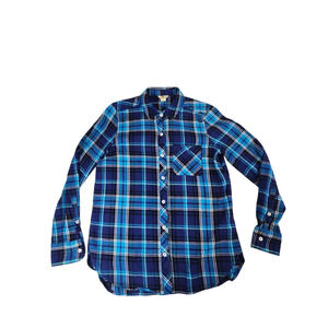 Woolrich womens small blue teal plaid button up long sleeve chest pocket cotton